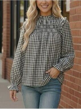 Haptics by Holly Harper Gingham Smocked Mock Neck Blouse - Black & White Size M